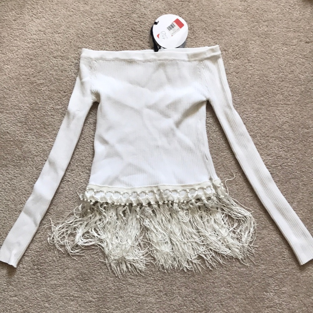 Line and Dot Fringe Off the Shoulder Top